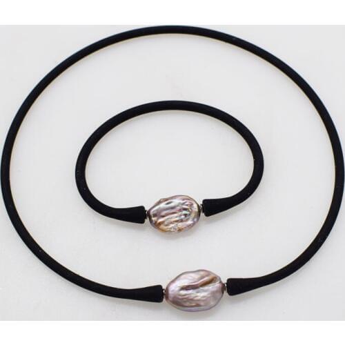 One set freshwater pearl reborn keshi purple flat oval black silicone necklace bracelet 17-18inch FPPJ wholesale beads nature