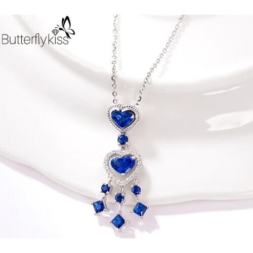 BK 18k White Gold Diamond Necklaces For Women 4g Genuine Gold 585 Natural Sapphire Heart Pendants Anniversary Luxury Jewelry