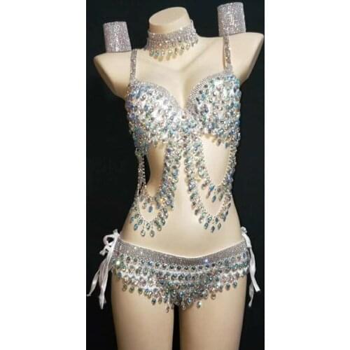 Personalized Fashion Colour Rhinestone Halter Spaghetti Strap Bikini Suit Nightclub Women Crystals Pool Party Performance Wear