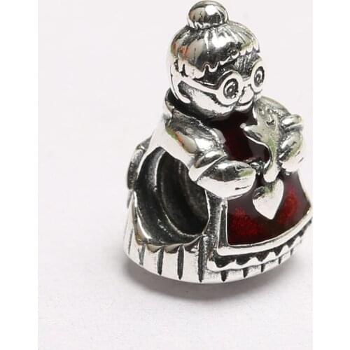 Authentic 925 Sterling Silver Bead Red Enamel Mrs. Santa Claus Charm fit Pan Bracelet Bangle DIY Jewelry