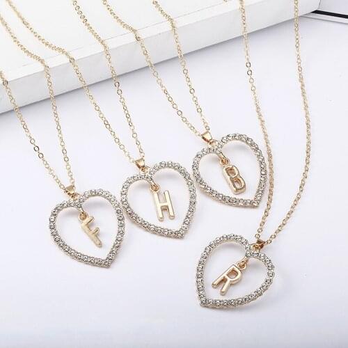 POPACC New Arrival 2021 Fashion Simple Gold Letter Heart Initial Necklace & Pendants Double Rhinestone Choker Necklace For women
