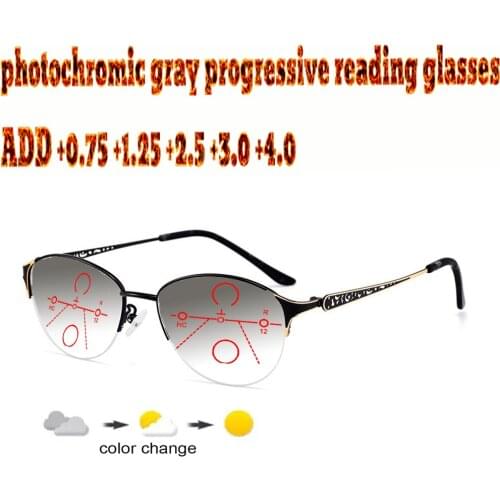Photochromic Gray Progressive Multifocal Reading Glasses Men Women Ultralight Metal Frame+1.0 +1.5 +1.75 +2.0 +2.5 +3 +3.5 +4