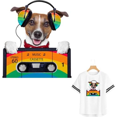 Cool Dog Stickers Fabric Patches Music Dog Iron On Stickers Diy Accessory Clothes Heat Transfer Fashion Parches