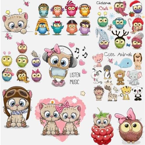 Iron On Transfer For Clothing Cute Animals Owl/Cat Heat Vinyl Transfers For Clothes Appliques For Diy Washable T-shirt