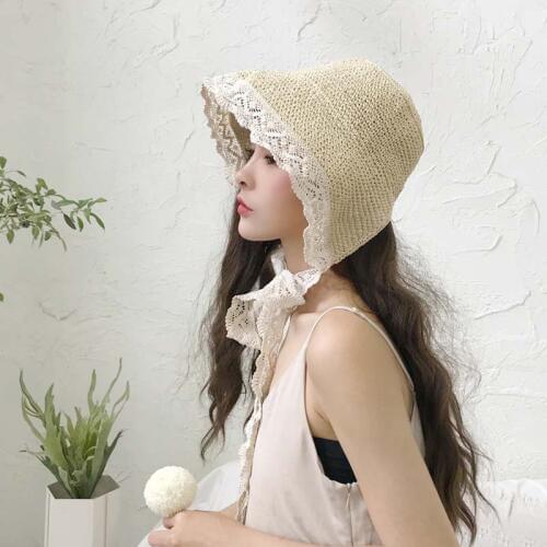 Womens Summer Princess Straw Lace Strap Sun Cap Bucket Hat 2019