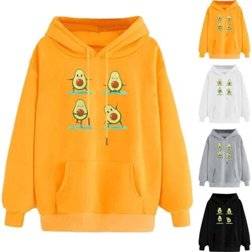 Womens Hoodie Casual Loose Long Sleeve Sportswear Avocado Cartoon Pattern Drawstring Hooded Sweatshirt Pullover Pocket Tops