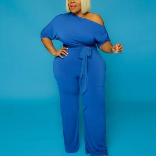 Plus Size Blue Jumpsuits and Rompers For Women 4xl 5xl High Waist Half Sleeve Skew Collar Solid Femme Jumpsuits Big Size 2020