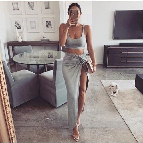 Sexy Party Two Piece Dress Sets Elegant Sleeveless Solid Irregular Folds Short Vest High Waist Split Womens Summer Suit 2021