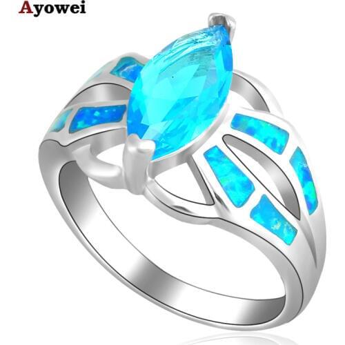 Ladys Fashion brand silver color Stamped fashion jewelry Wholesale Retail Blue Opal Ring USA SZ #6.5 #7.5 OR347
