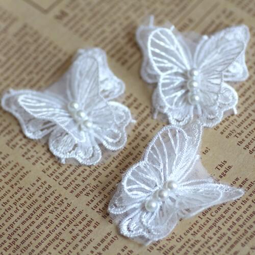 10/50pcs Butterfly White Lace Flower Applique Lace Trim With Beads For Wedding Dress Garment Decoration Sew On Lace Fabric