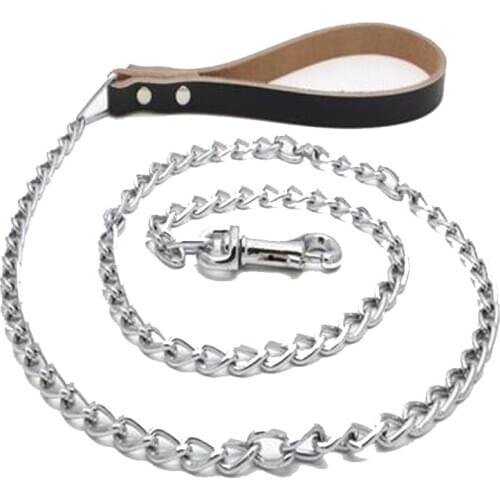 10PCS / LOT Anti Biting Dog Chain Pet Traction Rope Pure Leather Handle Chrome Plated Iron Chain Dog Leash