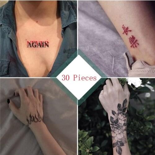 30Pcs NEVER AGAIN English Clown Flame Rose Heart Shape Women Girls Sexy Temporary Tattoo Stickers Waterproof Body Arm Chest Art