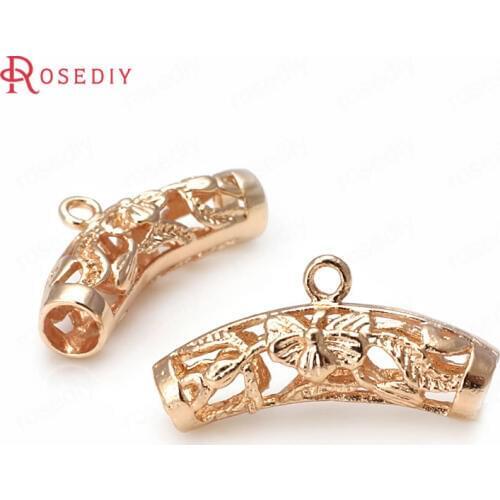 31886)6PCS 25*7MM 24K Champagne Gold Color Brass Flower Curved Tube Charms Pendants Bracelet Connector Diy Jewelry Accessories