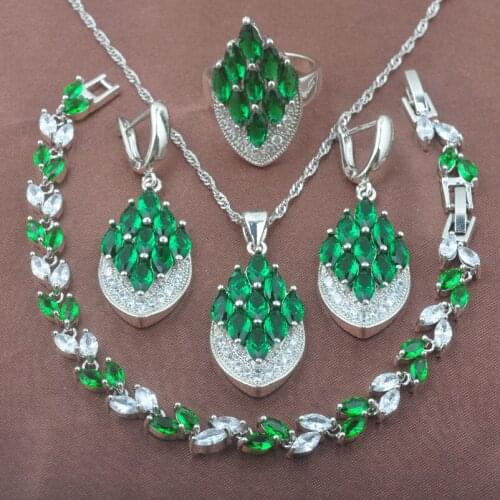 AAA Quality Green Silver Color Jewelry Set For Women Wedding Bracelet Necklace Pendant Earrings Ring YZ0589