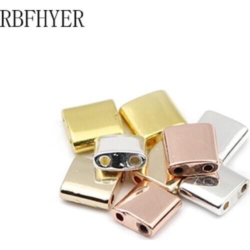 Flat Square Natural Hematite Stone Rose Gold Silvers Double hole Loose Spacers Beads Diy Jewelry bracelet Accessories 5x5mm