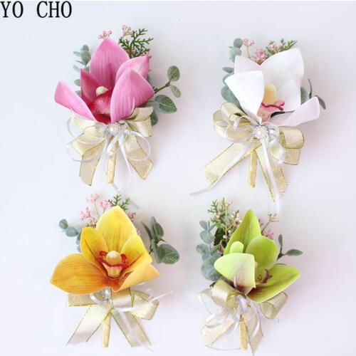 YO CHO Artificial Silk Orchid Flower Groom Boutonniere Bride Wrist Corsage Pearl Bracelet Wedding Flower Party Wedding Supplies