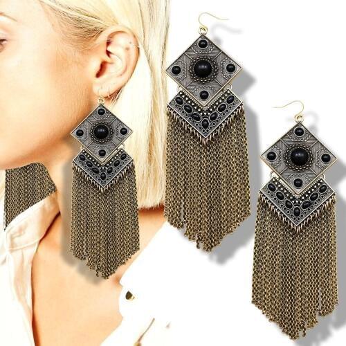 Tribal Aztec Long Tassels Art Deco 1920s Gold Black Stone Gypsy Bold Big Earrings for Women Brincos Jewelry Bijoux Oorbellen