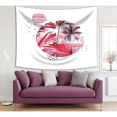 Tapestry Tropical Palm Trees Leaves Sea and Geometric Shapes Floral Watercolor Artwork Red White