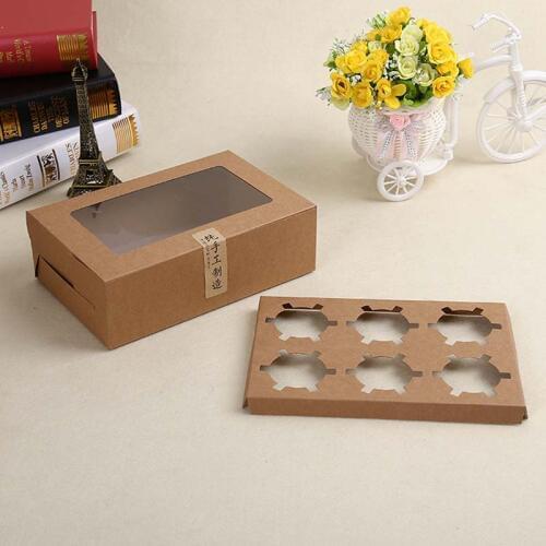 6 Hole Kraft Paper Cupcake Cake Box With Cake Tray Soap Pudding Dessert Food Packaging Box With Clear Window Wedding Gift Box