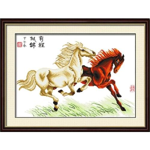 New Needlework 11CT DIY Precision Printing Cross Stitch Sets for Embroidery Kits Cross-Stitch Two Horses Running