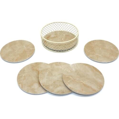 Round Marble Pattern Coaster Set with Wire Basket Holder, Dinner Coaster Table Drink Coasters, Home/Office Décor, Great Holiday