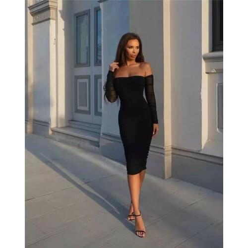 Autumn New Women Sexy Black Off Shoulder Bandage Dress Sexy Pleated Long Sleeve Tight Vestidos Party Dress