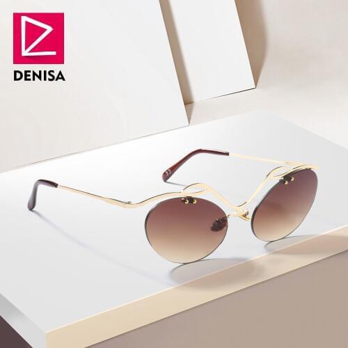 DENISA Unique Rimless Small Cat Eye Sunglasses Women Fashion Luxury Brand Vintage Brown Oval Glasses Ladies UV400 lunette G23028