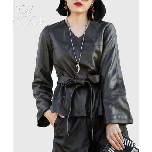 Black red genuine leather lambskin coat flare sleeve outwear with belt veste en cuir jaqueta de couro chaqueta mujer LT2046