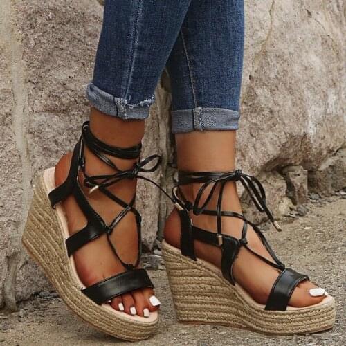 Hemp Rope Braided Edge Cross Strap Wedge Women Sandals 2021 Summer Plus Size Platform High Heel Fish Mouth Casual Female Sandals