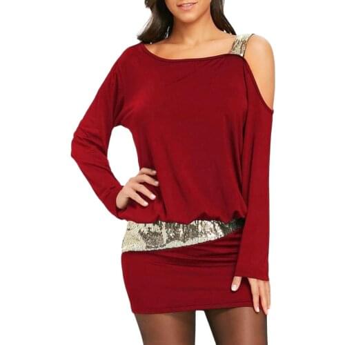 Sexy Summer Autumn Dresses Long Sleeve One Shoulder Strap Sequins Stitching Bud Casual платье Women Mini Party Dress