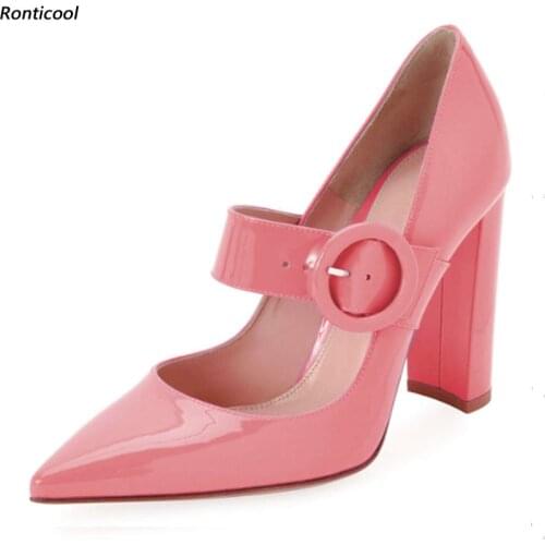 Ronticool Handmade Women Mary Janes Pumps Sexy Square High Heels Pointed Toe Pretty Pink Red Party Shoes Women US Plus Size 5-13