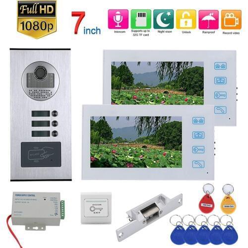 7inch Record Video Intercom 2 Apartments Video Door Phone System with RFID 1080P Doorbell Camera + NO Electric Strike Door Lock