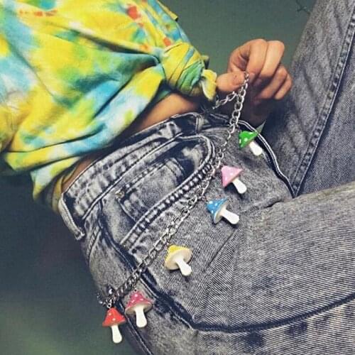 Vintage Colorful Mushroom Hip Pop Pants Chain Key Chain Punk Waist Belt Jewelry