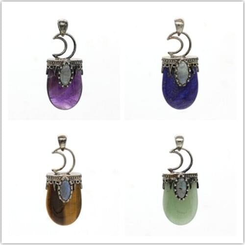Trendy-beads Vintage Silver Plated Crescent Moon Oval Rock Crystal Pendant Attractive Design Jewelry