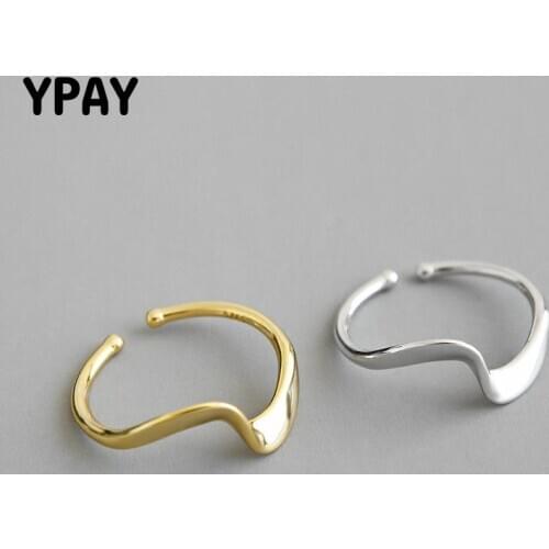 YPAY 100% Solid 925 Sterling Silver Open Rings for Women Korea INS Simple Wave Pattern Finger Ring Bague Christmas Gift YMR915