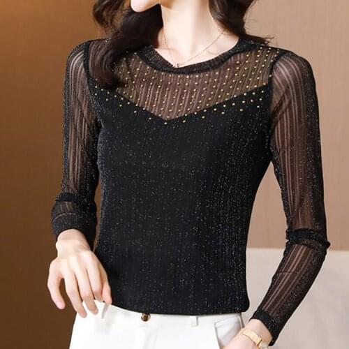 Black Slim Mesh Diamonds T Shirt Women Long Sleeve Tees 2021 Fall Korean Fashion Womens Clothing Tee Shirt Femme Poleras Mujer