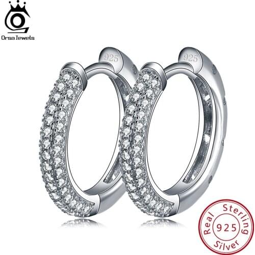 ORSA JEWELS Women Hoop Earrings 90pcs Austrian Cubic Zirconia Trendy 925 Sterling Silver Earring with 3 Rows Zircon Design RSE19