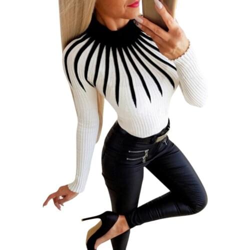 Ele-choices Women Fashion Color Block Long Sleeve Mock Neck Slim Knitted Pullover Sweater For Autumn Winter