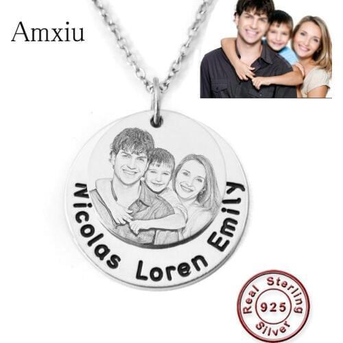 Amxiu Personalized Photo Necklace Engrave Family Photo Names Necklace Women Round Pendant Necklace 925 Sterling Silver Jewelry