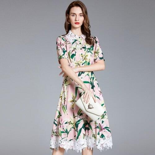 Summer Lily Floral Dress Women Runway Water-Soluble Lace Trims Stitching Embroidery Pink Flower Print Party Vestidos k9901