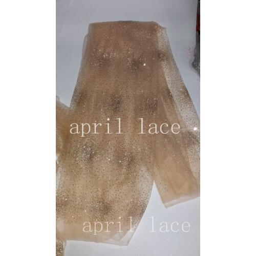 5yards HL044 champagne gold dobby glued sparkle glitter mesh net tulle lace fabric for african sawing /evening dress