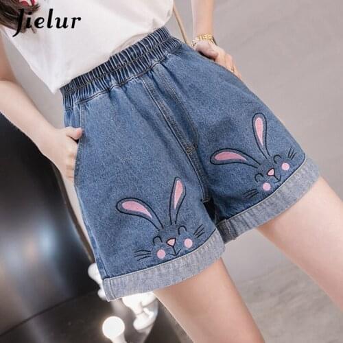 Jielur High Waist A-line Denim Shorts for Women Korean Style Rabbit Pattern Hot Jeans Female Loose Cute Embroidery Short Women