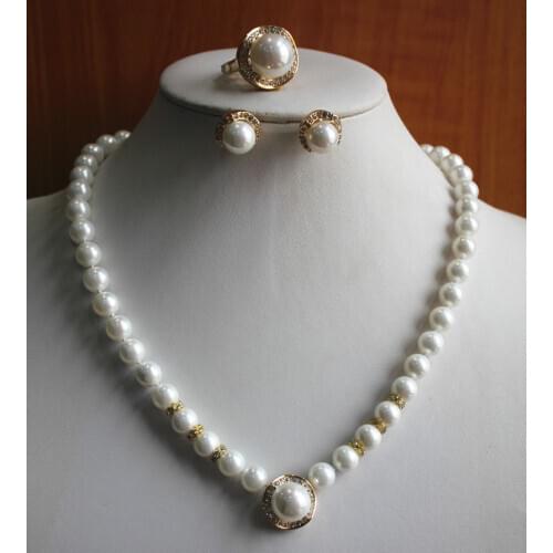 Hot selling ***** Fashion WomenS Pure White Pearl Necklace Earring Ring(7/8/9)Jewelry Set