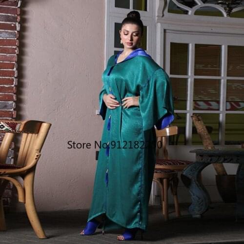Hooded Robe Hijab Dress Abaya Muslim Women Fashion Jalabiya Reglan Sleeve Tassel Morrocco Kaftan Djellaba Dubai Islam Blue Green