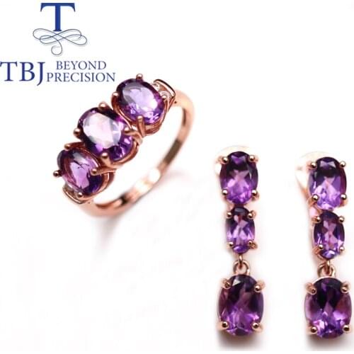 TBJ Natural South African amethyst ring earrings jewelry set simple fashion women Fine jewelry daily party wear