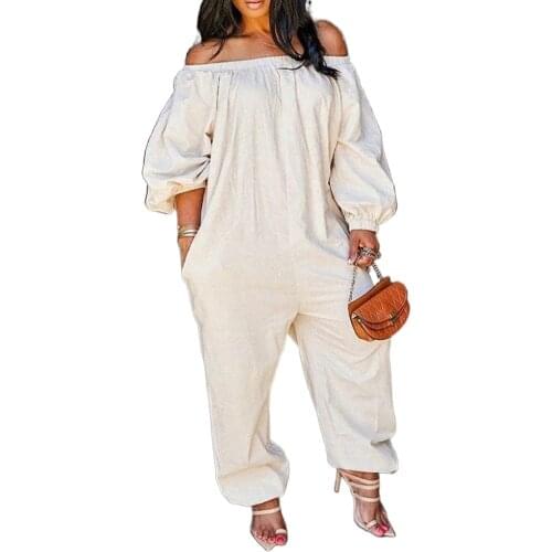 2021 New Fashion Off Shoulder Solid Lantern Sleeve Casual Loose Long Trousers Loungewear Plse Size Womens Jumpsuit Oversized