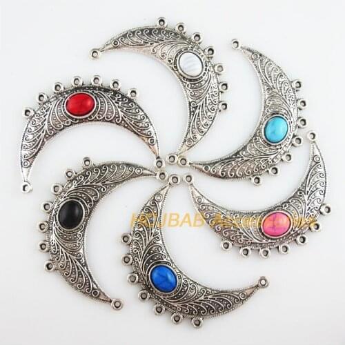 New 6Pcs Tibetan Silver Tone Retro Moon Mixed Acrylic Oval Charms Connectors 41x52mm