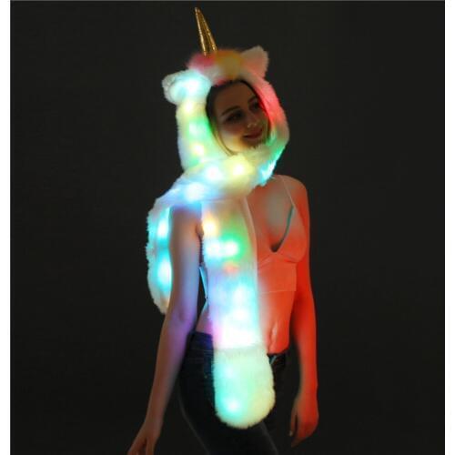 Wholesale LED Unicorn Hat Costume Winter Warm Long Scarf and Gloves Set with Pockets Hat for Girls Halloween Gift