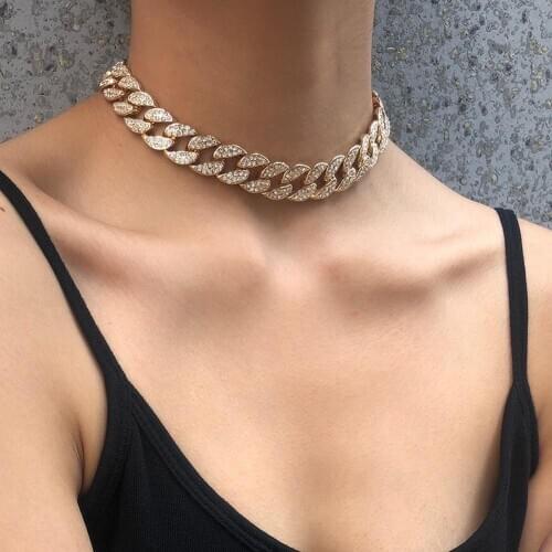 Punk Choker Necklace for Women Rhinestone Inlaid Link Chain Hip Hop Necklace Choker Gold Thick Chain Necklace Women Jewelry