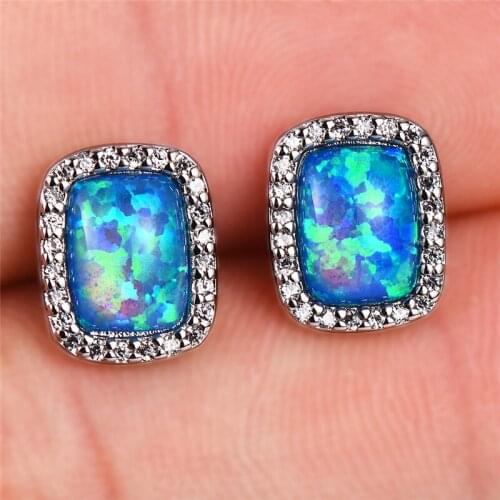 Luxury Blue White Fire Opal Earrings Female Geometric Small Stud Earrings Vintage Silver Color Wedding Double Earrings For Women
